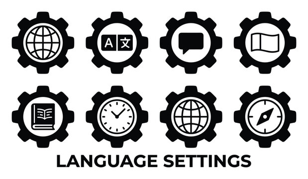 Set of eight black gear icons representing language settings and communication.