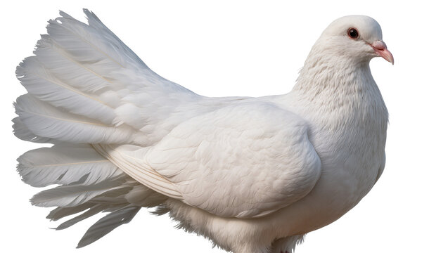 White fantail pigeon with fluffy feathers and red eyes
