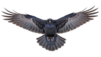 Fototapeta premium Raven bird with spread wings flying front view