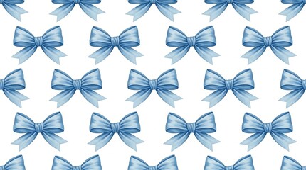 Obraz premium Soft blue ribbon bows create a charming and delicate repeating pattern on a white background.