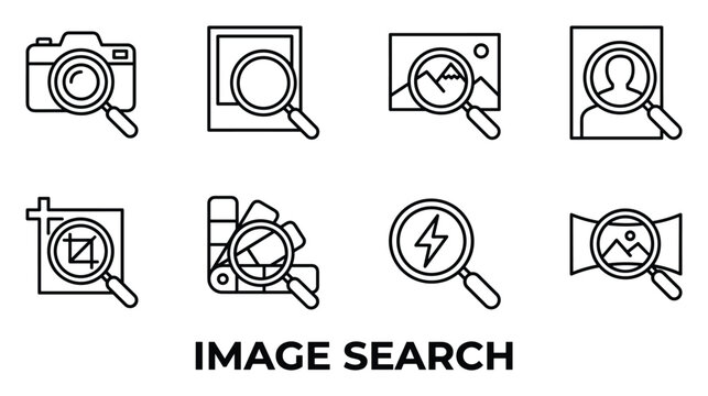 Set of eight outline image search icons for photography and photo editing vector illustration.