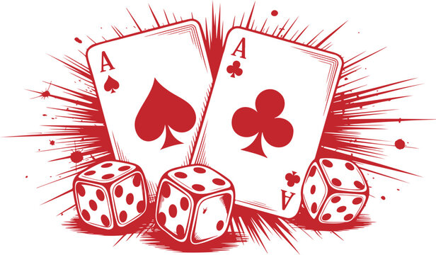 Dynamic casino game scene with two ace playing cards and dice against an explosive red splash effect