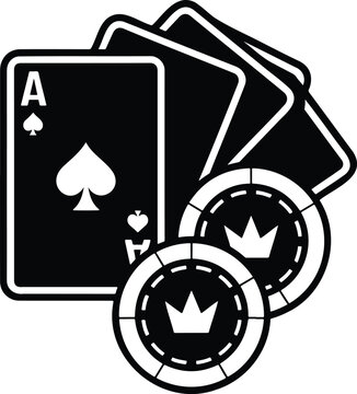 Iconic ace of spades playing card and two generic casino poker chips featuring crown symbols in black and white