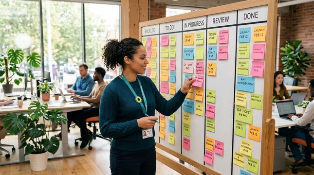 Woman managing colorful task board in busy modern office.