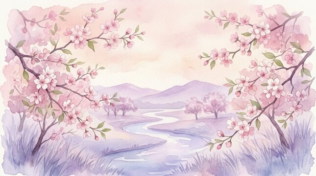 Serene watercolor landscape with blooming cherry trees and a gentle river flowing through rolling hills.