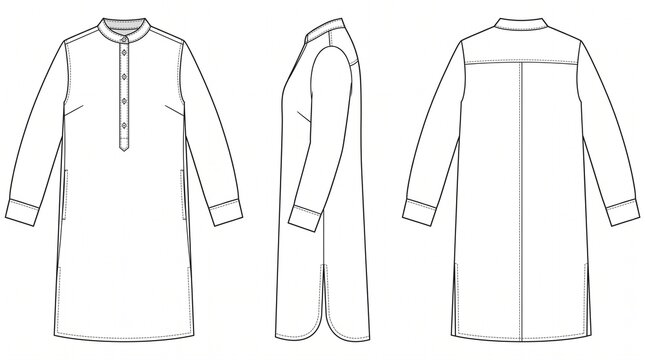 Technical fashion illustration of a long-sleeved tunic shirt with a band collar and button placket, front, side, and back views.