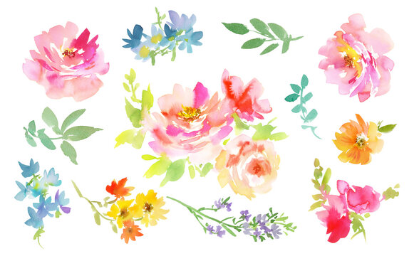 Floral PNG clipart set with abstract hand painted watercolor summer roses and wild flowers for pattern, greeting card, wedding invitation and surface design