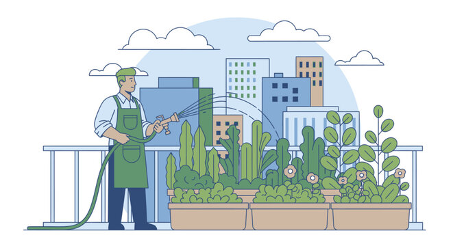 Urban gardener watering plants on a city rooftop with skyscrapers in the background, sustainable city living concept