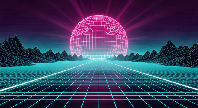 Cinematic 16:9 synthwave background with infinite neon grid highway stretching into a giant glowing pink retro sun