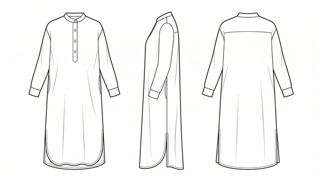Fashion illustration of a women's long sleeve tunic dress with button placket and side slits, front, side, and back views.
