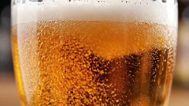 Cold beer with rising bubbles and frothy head in glass close up