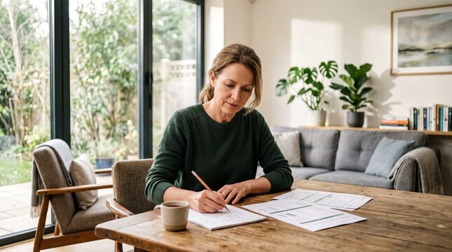 retirement planning process, a focused woman strategizes her retirement in a bright modern living room