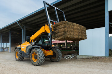 Telehandler lifting hay bale in agricultural farm building © ALIDA