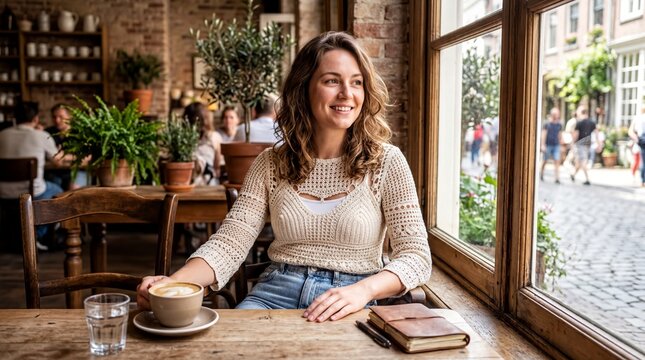 fashion portrait, a stylish woman in a crochet top enjoys a sunny caf, exuding relaxation