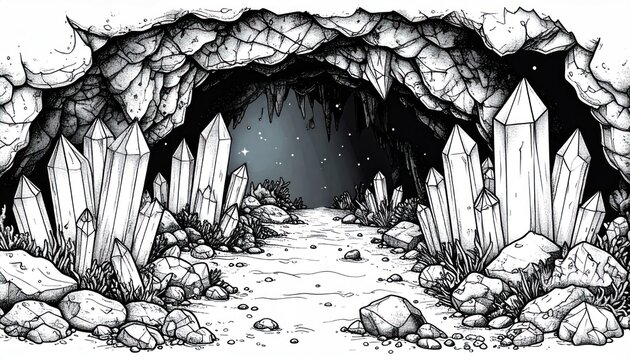 Crystal cavern interior with rocky path line art.