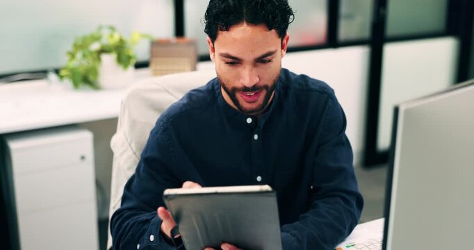 Tablet, reading and man with computer in office, testing and software backup for feature integration. Review, smile and web developer with tech for maintenance update, interactive bot and ai for site
