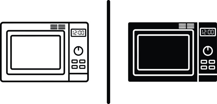 Microwave oven icon vector set, outline and solid silhouette symbols of kitchen appliance and electronics isolated on white background