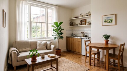 Fototapeta premium compact living spaces, a cozy small apartment interior featuring minimalist furniture and natural light