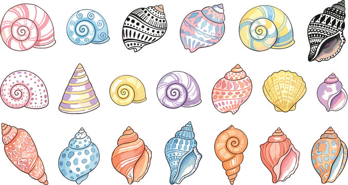 Cute colorful seashell mega collection featuring flat doodle style pastel conch scallop and marine snail shells vector illustration isolated on white background