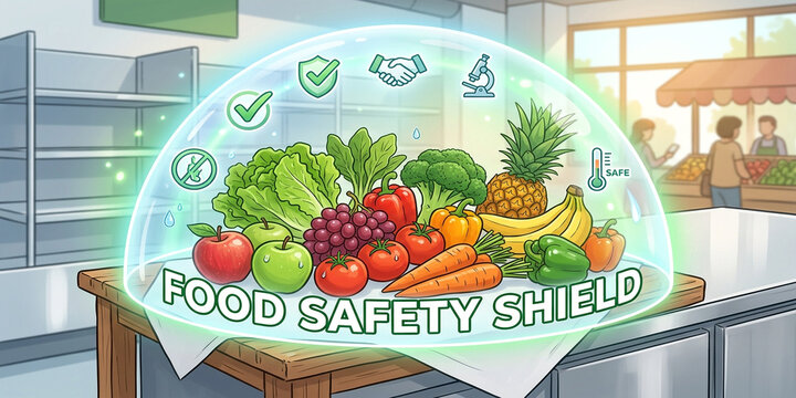 Digital illustration of a Food Safety Shield protecting a vibrant array of fresh produce, emphasizing stringent hygiene, cleanliness, and quality control for healthy consumption