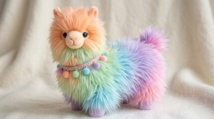 Fototapeta premium Adorable fluffy alpaca toy with vibrant rainbow colors and pompom collar