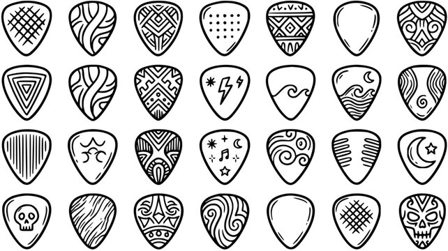Music Industry Black  White Line Art Guitar Picks and Plectrums Collection. Outline Doodle Icons Set with Diverse Patterns and Designs for Musicians and Rockers.