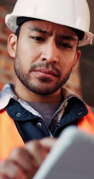 Civil engineer, confused and man with tablet in building, property development or construction delay. Architect, reading and person with concern for failed safety inspection and architecture mistake
