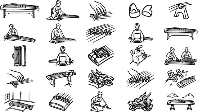 Black  White Line Art Japanese Koto Music Icons. Traditional Zither Instrument, Players, Dragon  Cherry Blossom Elements for Asian Culture  Art.