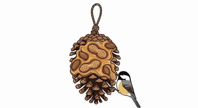 A bird eats from a pine cone feeder coated with peanut butter and peanuts