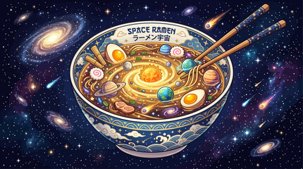 Imaginative illustration of a ramen bowl as a swirling galaxy, featuring noodles, colorful planets, and stars, floating in the vast universe © Simon