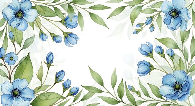 Watercolor floral arrangement with blue flowers and green leaves on white