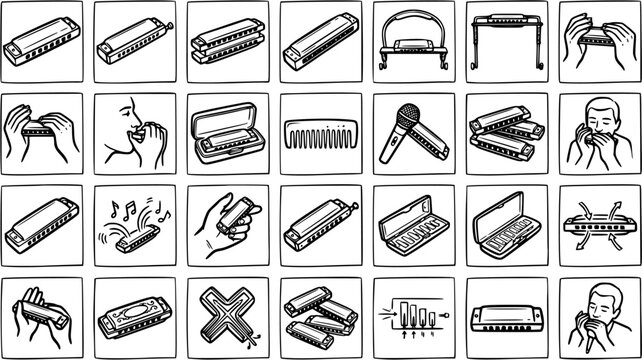 Music Industry Harmonica Outline Icons Set. Black and White Line Art Glyphs of Mouth Organs, Players, and Accessories for Musical Concepts.