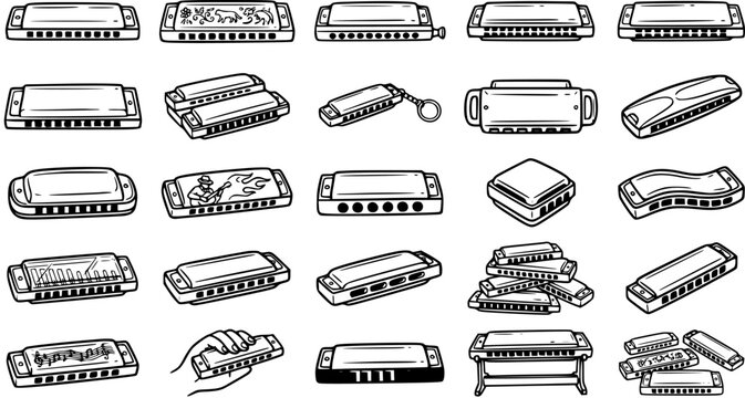 Hand-Drawn Black and White Line Art Collection of Music Harmonicas. Vector Set of Various Types of Mouth Organs for Blues and Folk Music.