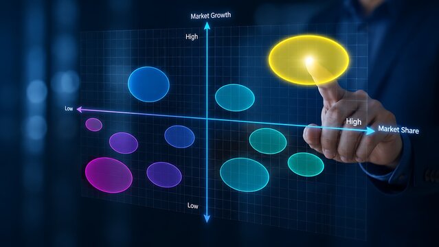 Businessman touching a digital screen displaying a bcg matrix for business strategy and market analysis