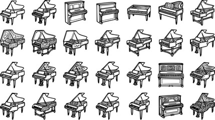 Music Industry Hand Drawn Line Art Pianos Collection. Black  White Sketch Set of Grand, Upright, and Classic Musical Instruments © victoria