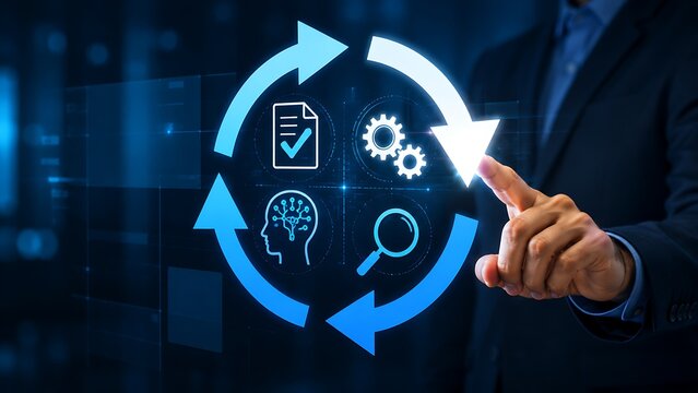 Businessman touching a digital interface with business process icons representing automation, artificial intelligence, and data analysis