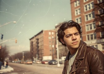 Fototapeta premium Vintage Portrait of a Young Man in a Leather Jacket on a City Street with Retro Film Scratch Effect
