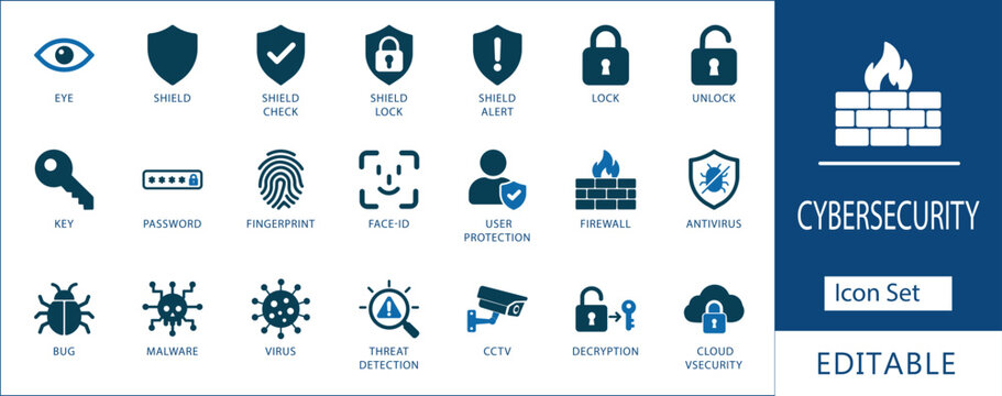 Cybersecurity icon set, data protection, network safety, antivirus, firewall, and privacy vector elements for design, dashboard, and infographics.