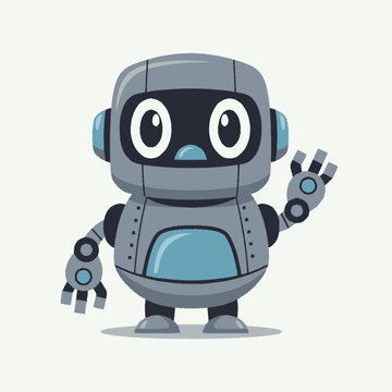 Cheerful grey cartoon robot character with big white eyes and blue acc