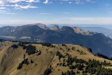 Obraz premium Summer panoramic scenery of the Bornes massif, Haute-Savoie, French Alps