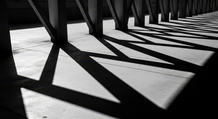 Naklejka premium Geometric Shadows Play Across Concrete Floor in Stark Monochrome Architectural Scene