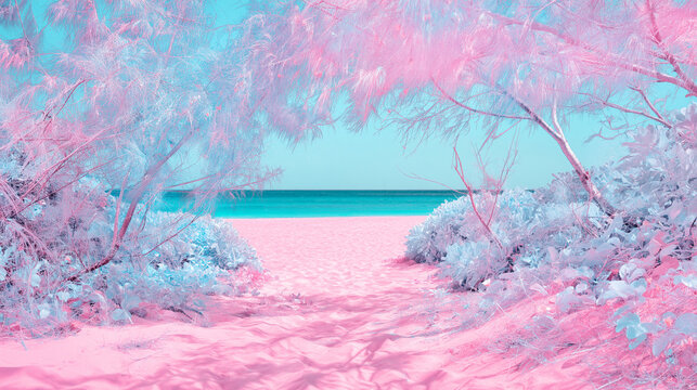Dreamy Tropical Paradise: A surreal beach scene rendered in pastel pinks and blues, with ethereal foliage framing a serene ocean vista and a soft sand path leading to the water's edge.