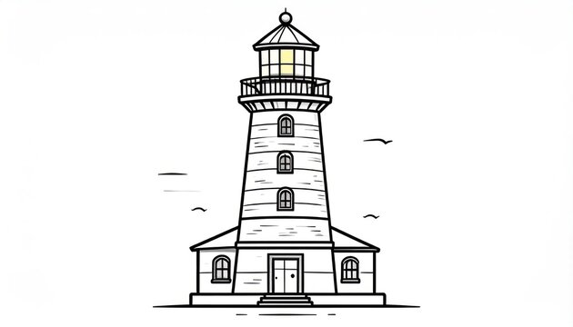 Architectural line drawing of coastal lighthouse with outbuildings.