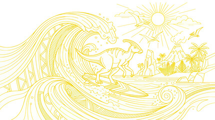 Dinosaur Surfing on Wave, Tropical Island, Volcano, Pterodactyls, Sun - Line Art © Mangga
