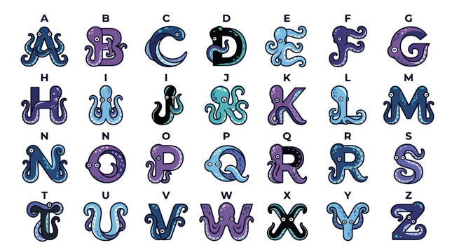 Alphabet Letters with Octopus Tentacles, Cute Cartoon Style, Blue and Purple