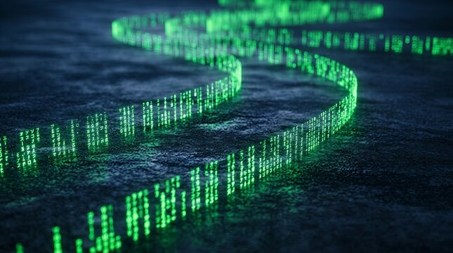 Flowing stream of digital data illuminated in vibrant green light