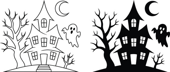 Obraz premium Spooky Halloween Haunted House and Ghost Vector Line-Art and Silhouette Duo, vector, illustration, silhouette.