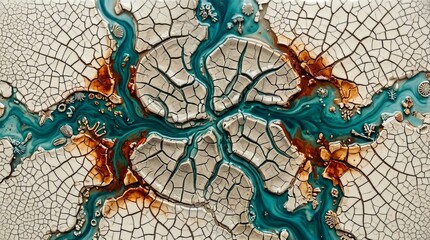 Obraz premium Abstract flowing turquoise liquid creates organic patterns on cracked earth texture