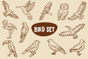 Fototapeta premium Collection of hand-drawn bird illustrations featuring various species including flamingo, parrot, owl, and hummingbird arranged in a circular layout on a beige background