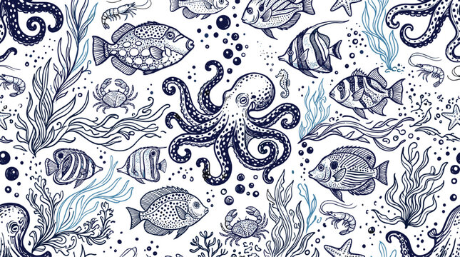 Vintage marine life seamless pattern featuring hand drawn deep blue octopus tropical fish sea anemone and corals backdrop vector illustration